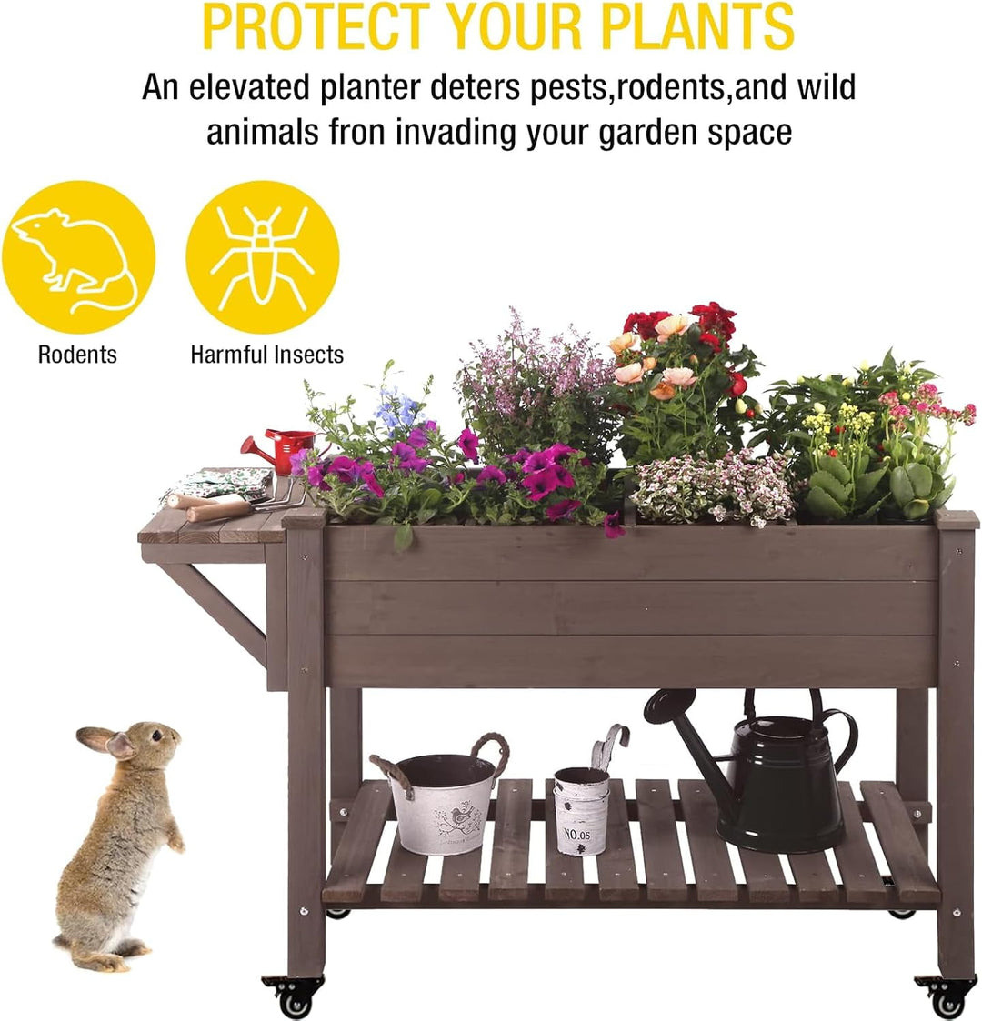 MEDEHOO Raised Garden Bed on Wheels, Elevated Plant Boxes Outdoor Large with Grow Grid - with Large Storage Shelf 52.7" x 22" x 30"