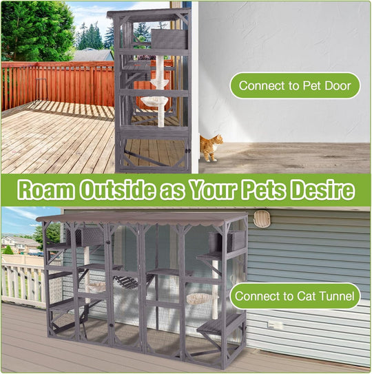 MEDEHOO Extra-Large Catio, 104" Wall-Mounted Outdoor Cat Enclosure - Cat Cage Window Box Walk-in Cat Kennel Shelter with Weatherproof Roof, 2 Scratching Posts, 2 Hammocks &amp; Bridge for 6-8 Cats
