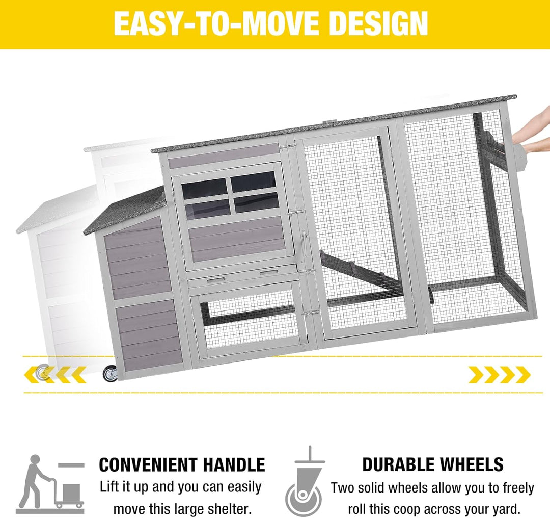 MEDEHOO 78.4" Large Chicken Coop for 4-6 Chickens with Wheels Weaterproof Hen House with Large Run, Nesting Box, Metal Pull Out Tray SAIR31-WM