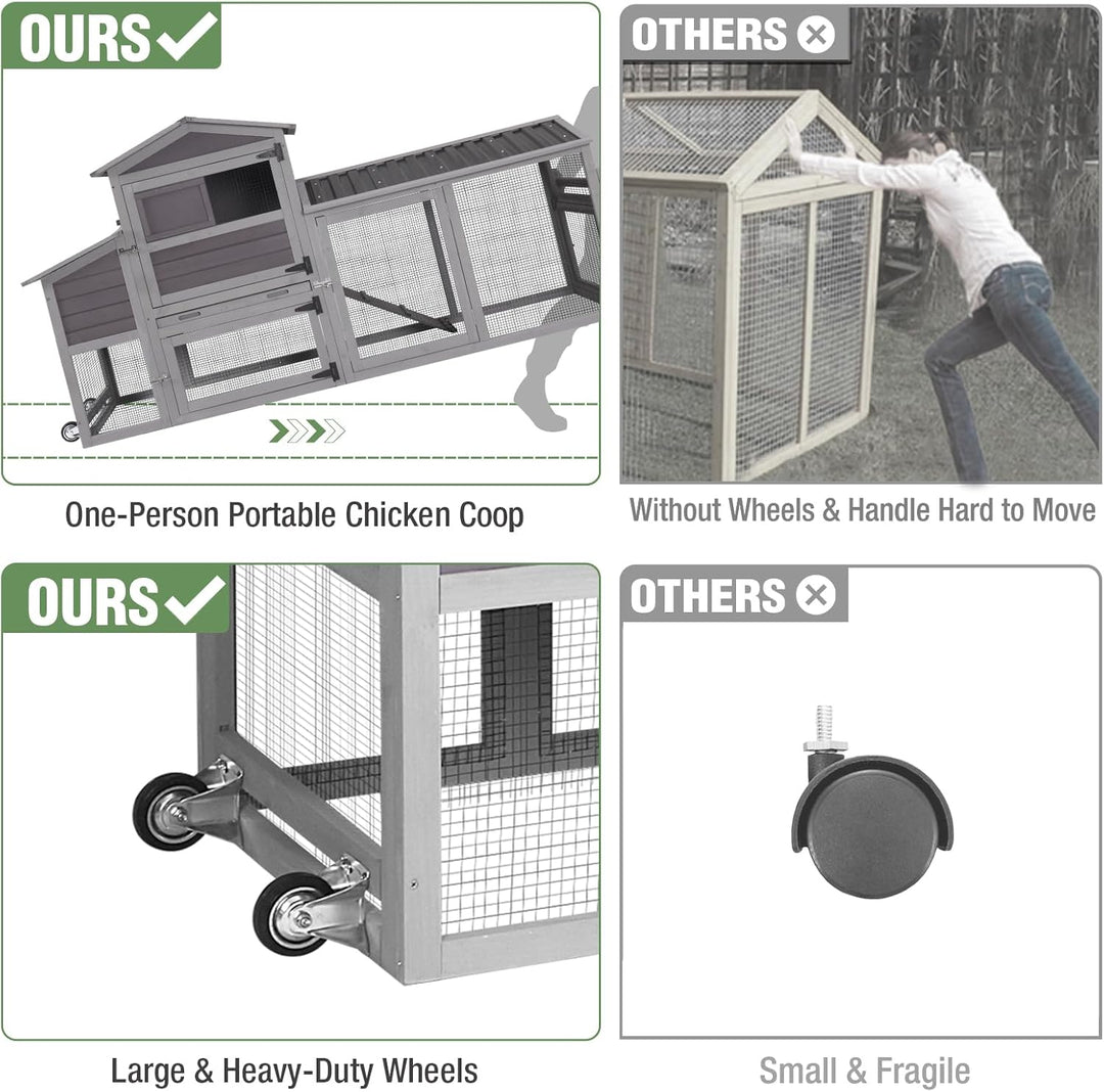 MEDEHOO Large Chicken Coop with Wheels for 4-6 Chickens 81"L Weatherproof Duck House with Nesting Box Mobile Hen House with Run Leakproof Tray Grey