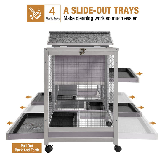 MEDEHOO Rabbit Hutch Guinea Pig Cage with Double Run Indoor Bunny Hutch Outdoor Rabbit House with Deeper No Leak Trays and Wheels AIR65-N
