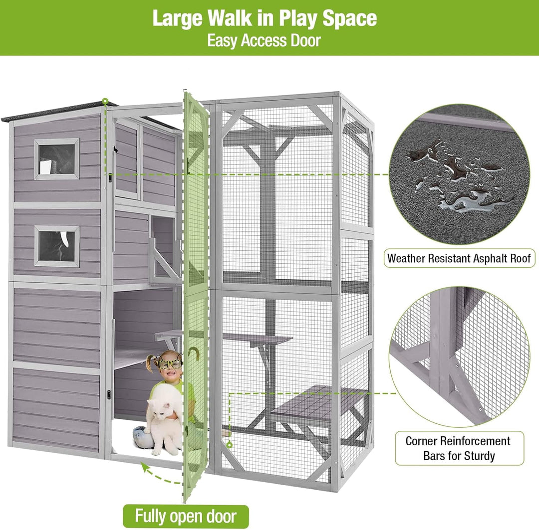 AivituCatio Outdoor Cat Enclosure - 77 Inch Large Cat Kennel Kitten Cage for Multiple Indoor Outdoor Cats Outside Patio, Insulated Feral Cat Shelter with Platforms, Window, Waterproof Roof and Houses