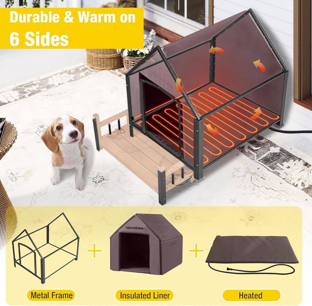 MEDEHOO Outdoor Dog House with All-Around Insulated Liner Weatherproof Puppy Shelter Indoor Dog Kennel, Anti-Bite Dog Home for Large Breed with Porch (Brown (Heated Liner), Medium)