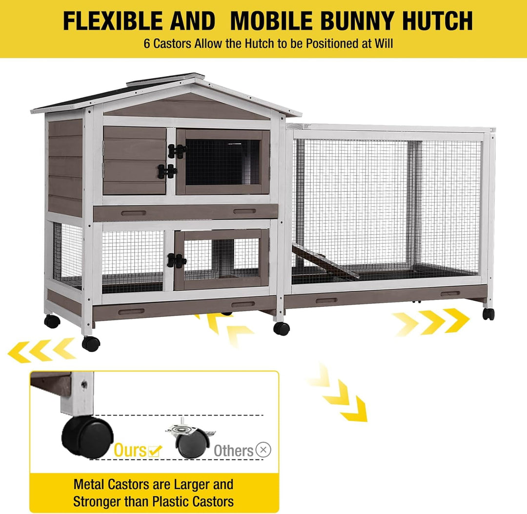 MEDEHOO Rabbit Hutch Wooden Bunny Cage Indoor Outdoor Guinea Pig Cage on Wheels Large AIR19-B-WM