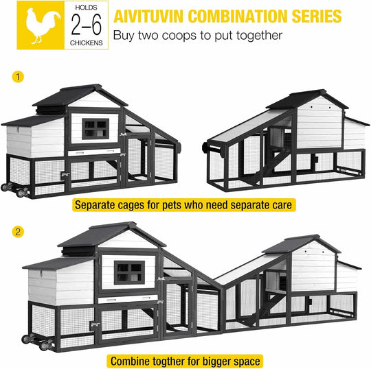 MEDEHOO Mobile Chicken Coop with Wheels for 2-4 Chickens, Backyard Expandable Chicken House Duck Cage with Run, 2 Nesting Boxes, Easy Clean Pull-Out Tray, Leak-Resistant Asphalt Roof, 72.3"