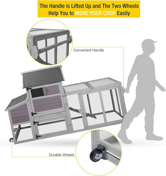 MEDEHOO Expandable Mobile Chicken Coop with Wheels for 4–6 Chickens, Reinforced Nesting Box, Full-Cover UV Roof, Weatherproof Outdoor Hen &amp; Duck House with Metal Tray, 77" L x 33.3" W x 46.5" H NAIR27-WM