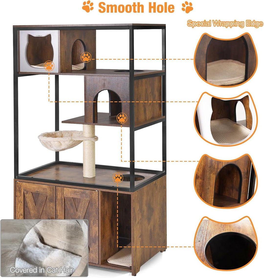 MEDEHOO Cat Litter Box Enclosure,Hidden Litter Box Furniture with Metal Frame,Wooden Kitty House with Barn Door,Wooden Cat Washroom Furniture,Fit Most of Litter Box (Wood, M) AIR102-A111-WM