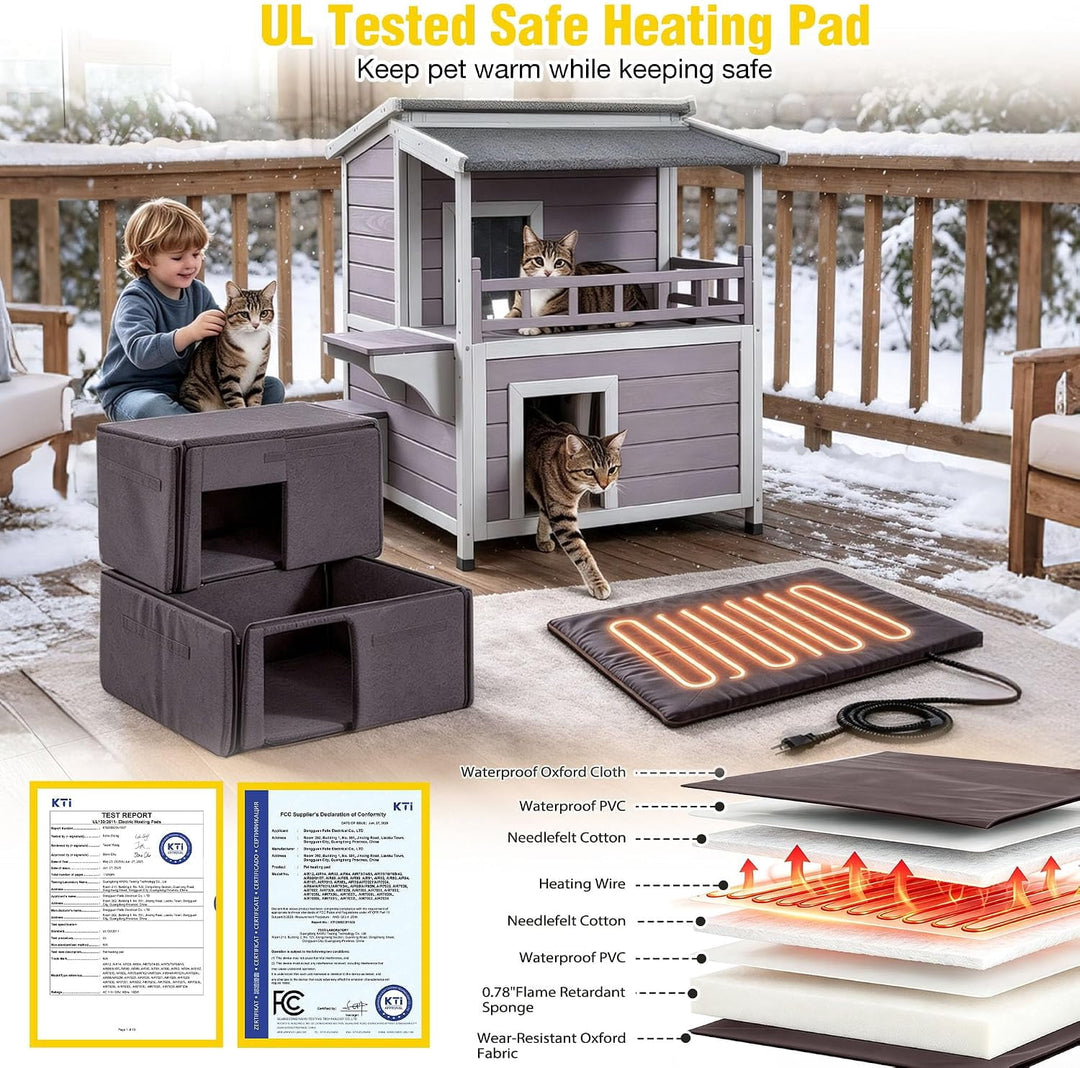MEDEHOO 2 Story Heated Cat House for Outside Outdoor Cat House Insulated Weatherproof Feral Cat Shelter with Heated Pad, Insulated All-Round Thermal Liner, Chewproof Cable for 1-4 Cats in Winter AIR33-IN-HP-MC-WM
