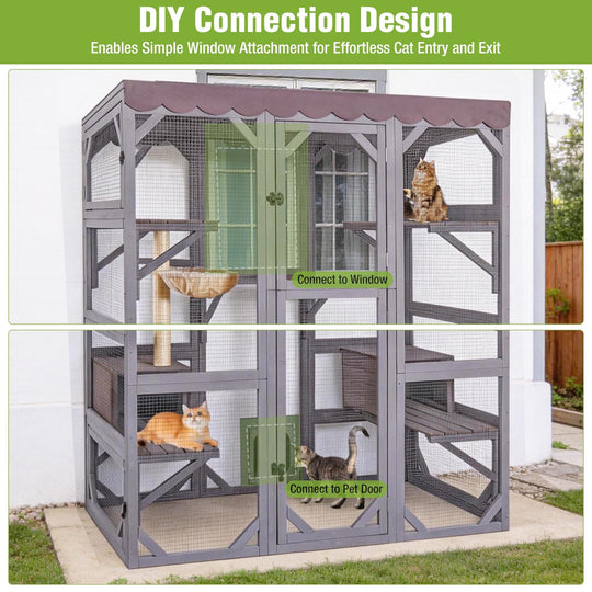 MEDEHOO Catio Outdoor Cat Enclosure - 70" Large Wooden Cat House with 5 Platforms, 2 Napping Boxes &amp; Weatherproof Asphalt Roof, Walk-in Kitty Condo for Multiple Cats