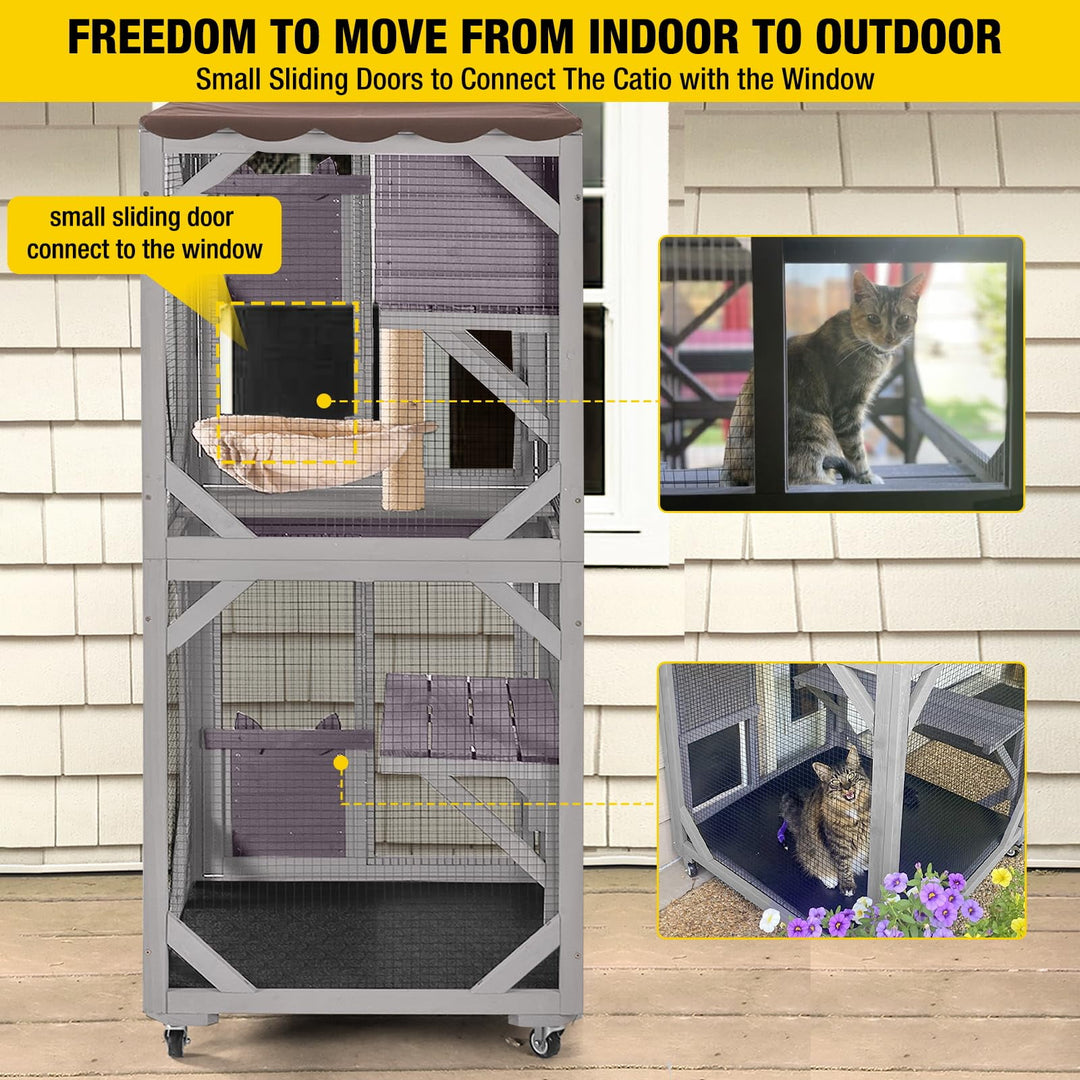 MEDEHOO Outdoor Cat Catio with Wheels, 62.8" Tall 3-Tier Wooden Cat Enclosure with 3 Platforms, Resting Box and Waterproof Fabric Roof AIR22-M-WM