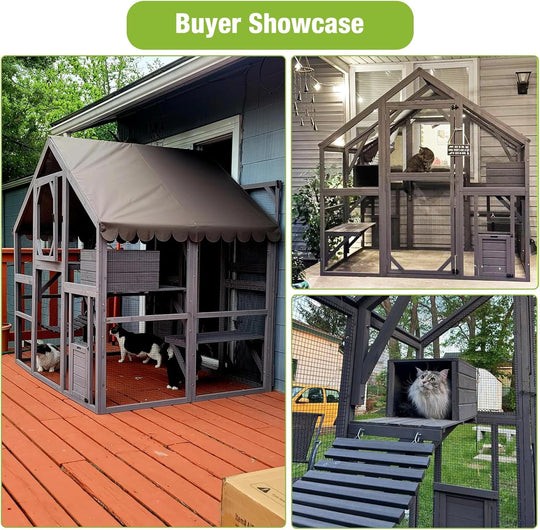 BUTINGLALE Catio Outdoor Cat Enclosures Wooden Cat House with Rest Houses, Platforms, Bridge, and Waterproof UV Cover - 55" D AIR52-MJ