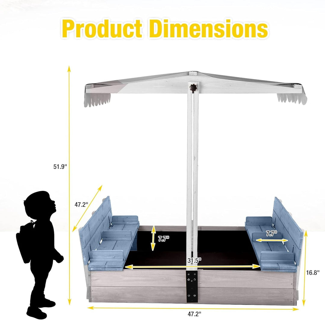 MEDEHOO Sandbox with Cover,Large Wooden Sand Box with lids Foldable Beench Seats,Sand Boxes for Backyard Garden, Beach Patio Outdoor GUT05-B-A12-WM