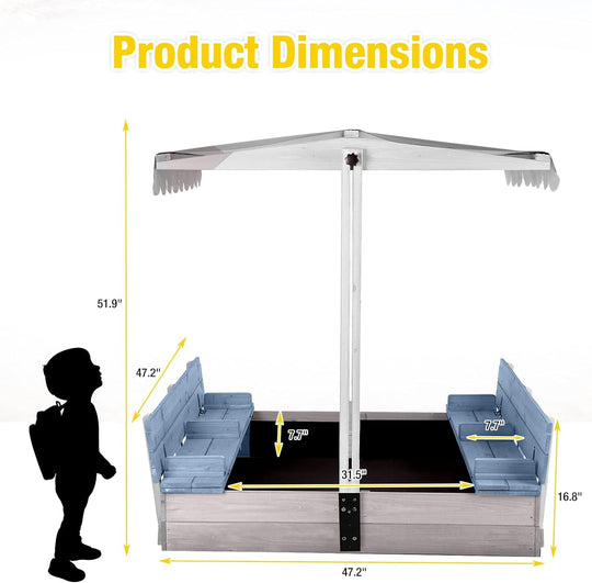 MEDEHOO Sandbox with Cover,Large Wooden Sand Box with lids Foldable Beench Seats,Sand Boxes for Backyard Garden, Beach Patio Outdoor GUT05-B-A12-WM