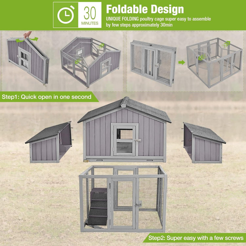 MEDEHOO Folding Large Chicken Coop Chicken House for Outdoor, Poultry House with Two Nesting Box, Leakproof Pull-Out Tray &amp; UV-Resistant Roof Panel AIR66-N-WM2