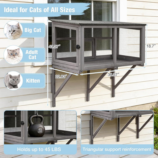 MEDEHOO Cat Window Box Attach to Window Catio Outdoor Cat Enclosure with Weatherproof Roof PVC Door Outside Wooden Cat Window Perch for Indoor Cats CO7016-9DML-WM