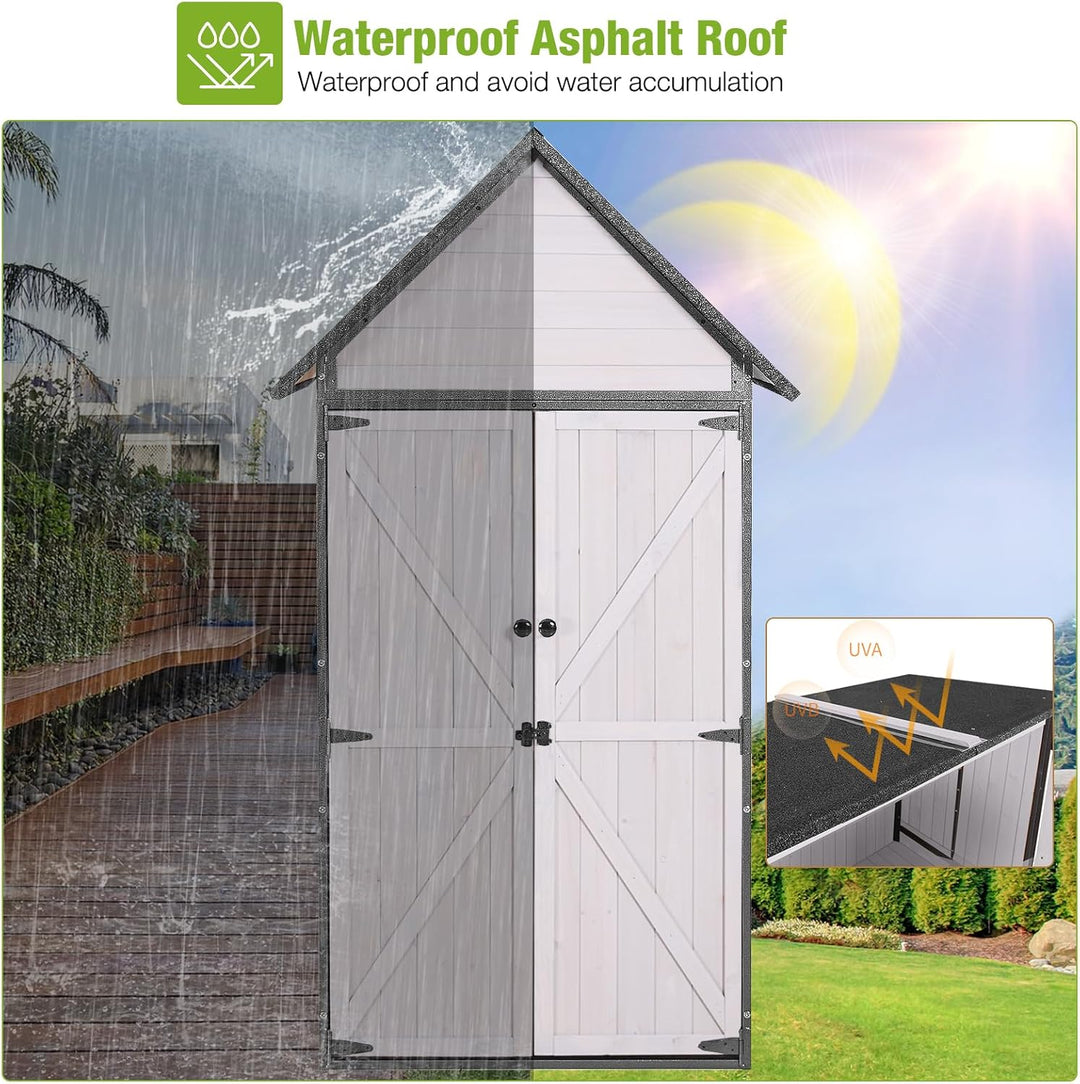 MEDEHOO Outdoor Storage Shed with All Around Strong Metal Frame, Garden Tool Sheds Cabinet with Floor &amp; Adjustable Shelves, Wooden Tool House for Backyard Garden Patio Lawn (White)