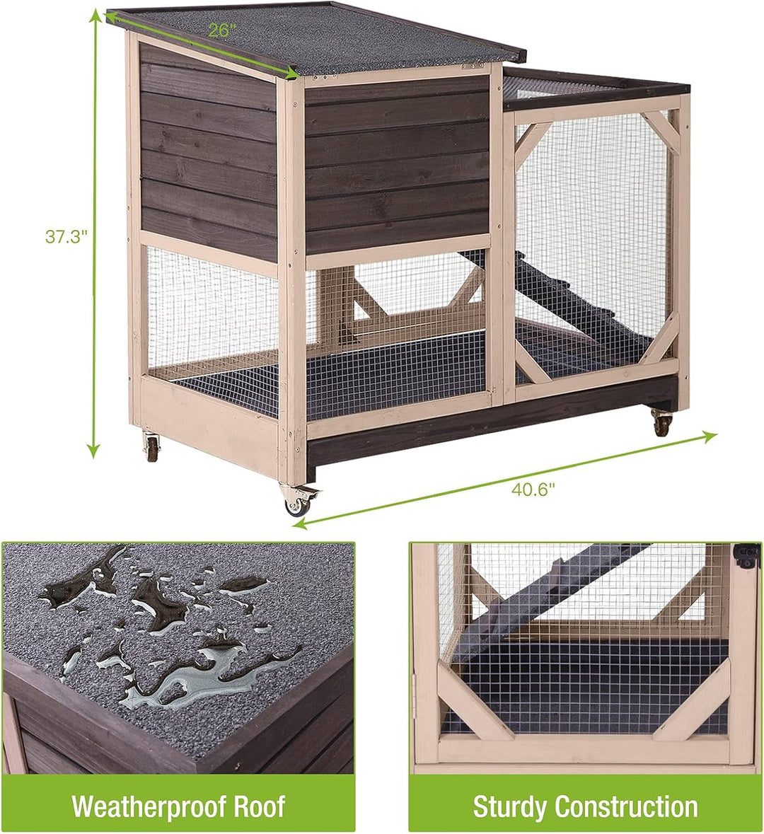BUTINGLALE Indoor Outdoor Rabbit Hutch, Bunny Cage on Wheels with 2 Deep No Leakage Pull Out Trays (Without Bottom Wire Mesh-Coffee) XZ7001-2