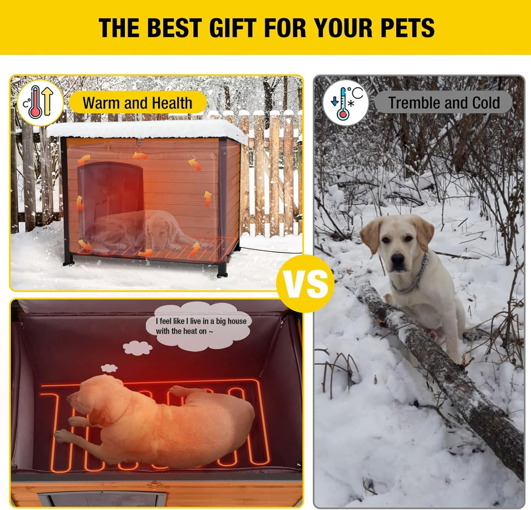 MEDEHOO Insulated Heated Dog House with Insulated Liner &amp; Heating Pad, All-Around Iron Frame Large Outdoor Dog House for Small &amp; Medium &amp; Large Dogs, Waterproof, Brown