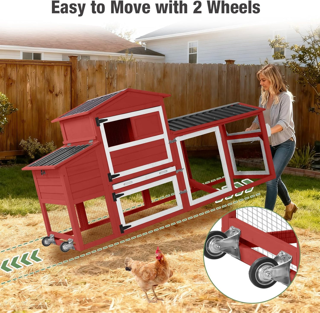 MEDEHOO 83" Large Chicken Coop for 4-6 Chickens, Mobile Hen House Outdoor Wooden Poultry Cage with Wheels Nesting Box Run, Red