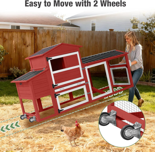 MEDEHOO 83" Large Chicken Coop for 4-6 Chickens, Mobile Hen House Outdoor Wooden Poultry Cage with Wheels Nesting Box Run, Red