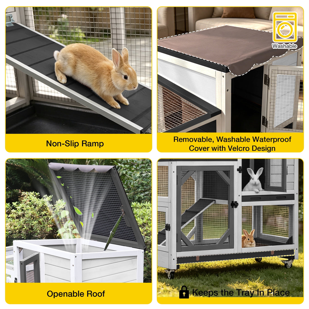 MEDEHOO Indoor Rabbit Hutch Outdoor Bunny Cage on Wheels, 2 Story Wood Guinea Pig Cages with 2 Deeper Pull Out Trays (Black &amp; White) AIR7013-BW-WM