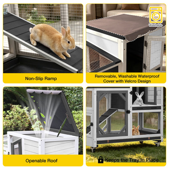MEDEHOO Indoor Rabbit Hutch Outdoor Bunny Cage on Wheels, 2 Story Wood Guinea Pig Cages with 2 Deeper Pull Out Trays (Black &amp; White) AIR7013-BW-WM