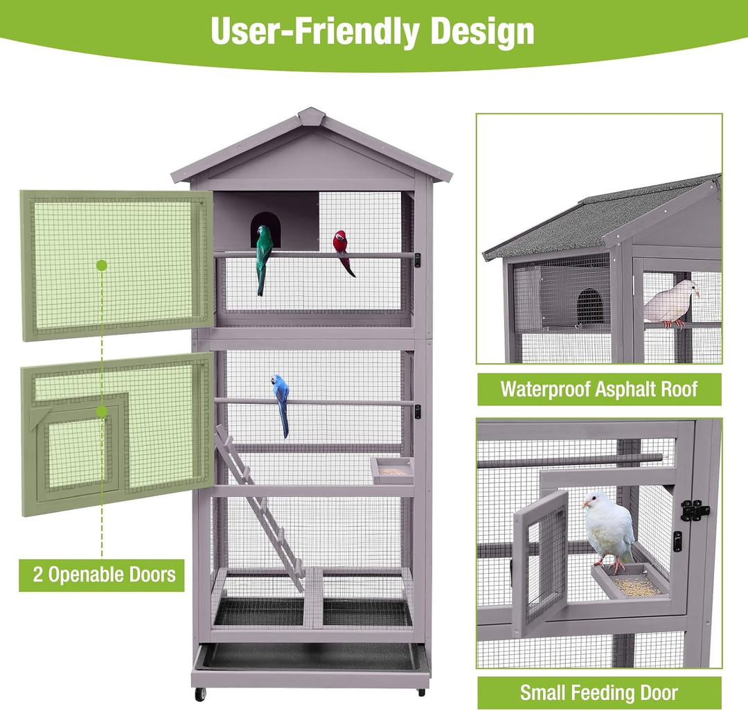 MEDEHOO Large Bird Cage Outdoor Wooden Aviary Indoor on Wheels, with Play Stand, Perches, Nest Habitat &amp; Wire Mesh Tray for Easy Cleaning AIR42-G-MB-WM