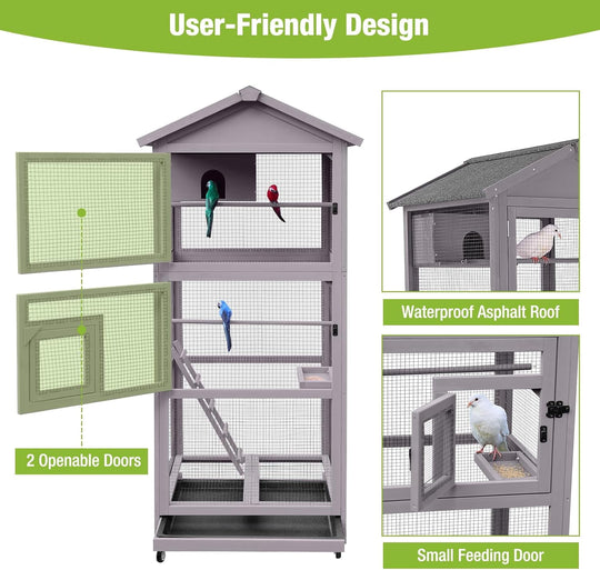 MEDEHOO Large Bird Cage Outdoor Wooden Aviary Indoor on Wheels, with Play Stand, Perches, Nest Habitat &amp; Wire Mesh Tray for Easy Cleaning AIR42-G-MB-WM