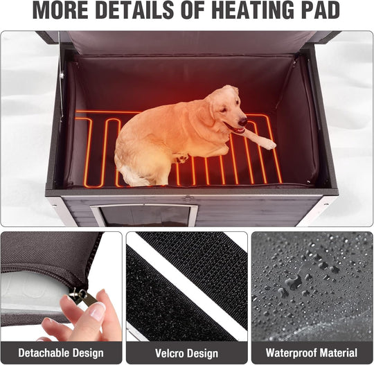 MEDEHOO 33.3’’ Heated Outdoor Dog House Weatherproof Insulated Dog Kennel with Metal Frame, Dog Shelter with Heating Pad, 6-Sided Insulated Liner and PVC Door Curtain for Winter (Grey)