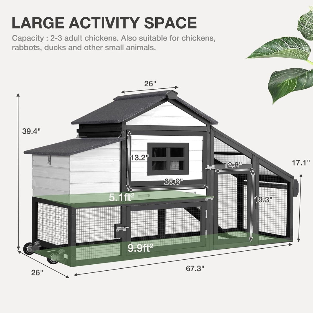 MEDEHOO Chicken Coop Expandable Chicken House for Outdoor with Wheels Nesting Box, Leakproof Pull-on Tray, and UV-Resistant Roof Panel - Black&amp;White
