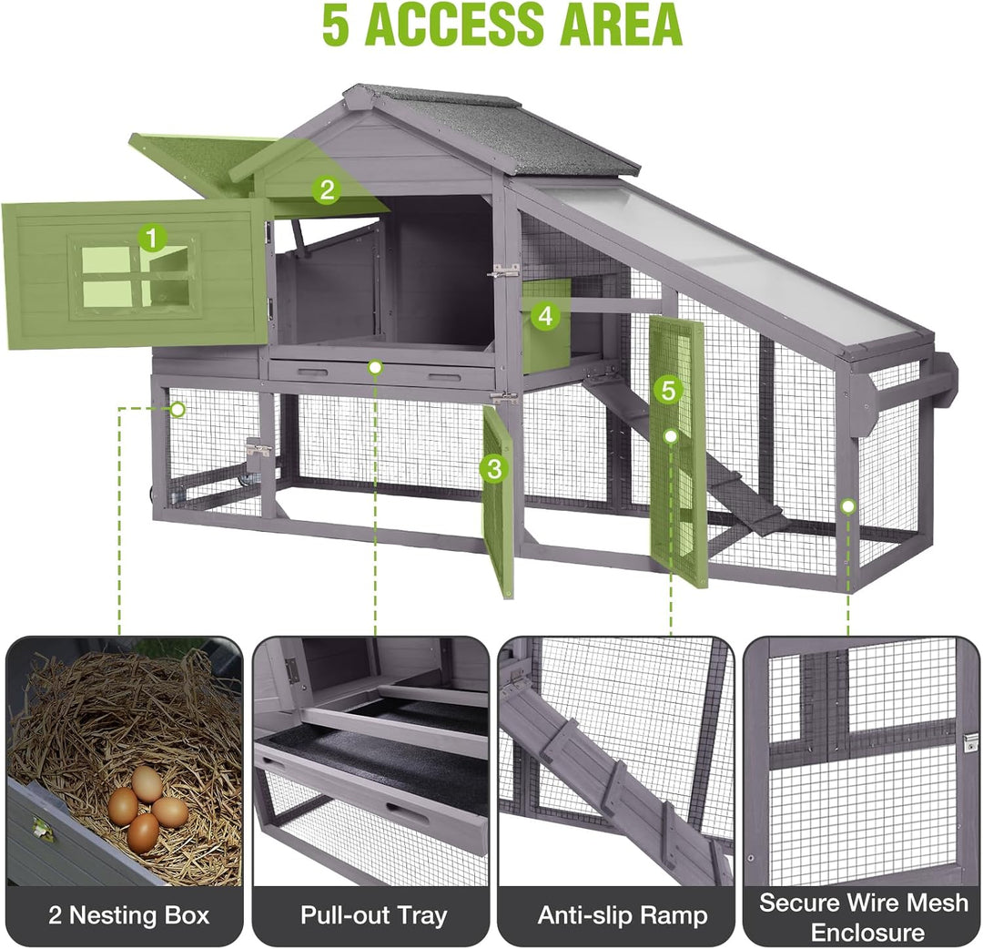 MEDEHOO Large Chicken Coop on Wheels, Expandable Outdoor Mobile Chicken House, Hen House Poultry Cage with Nesting Box, Leakproof Pull-Out Tray &amp; UV-Resistant Roof – Grey AIR23-W-A-WM