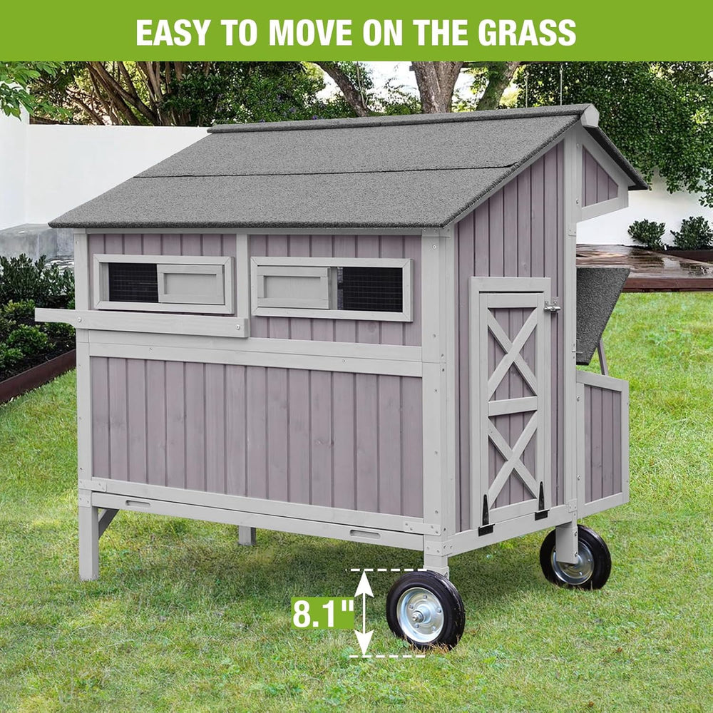 MEDEHOO Chicken Coop with Wheels Mobile Chicken House Outdoor Hen Coop with Large Nesting Box, Movable AIR96-J-WM