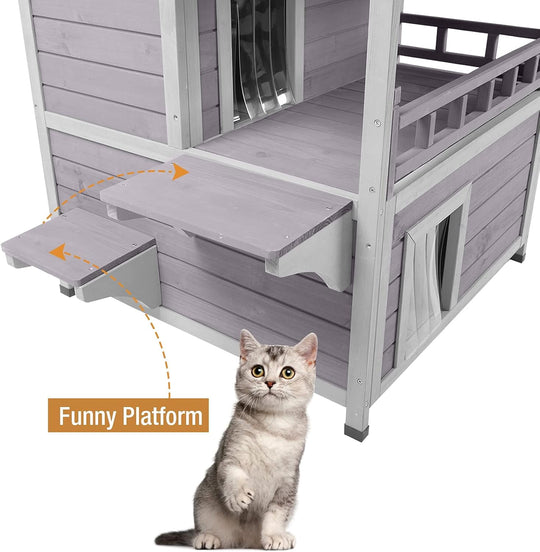 BUTINGLALE utdoor Feral Cat House, Wood Cat Shelter with Escape Door, Rainproof Outside Kitty House with Balcony AIR33-U