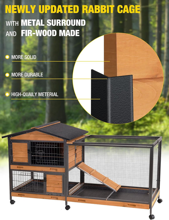 MEDEHOO 2-Story Rabbit Hutch with Chew-Proof Full Metal Frame for Indoor/Outdoor - 62" Bunny Cage with 6 Locking Casters &amp; 2 Pull-Out Trays for Rabbits, Guinea Pigs, Small Pets (Brown)