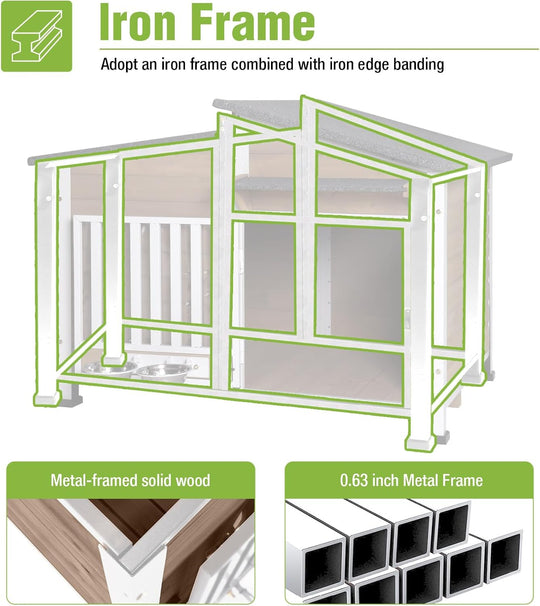MEDEHOO Dog House for Outdoor Use with Matel Frame, Waterproof Design -All-Weather Wooden Kennel with Sliding Window &amp; Metal Frame Brown AIR7021-B-G11-WM
