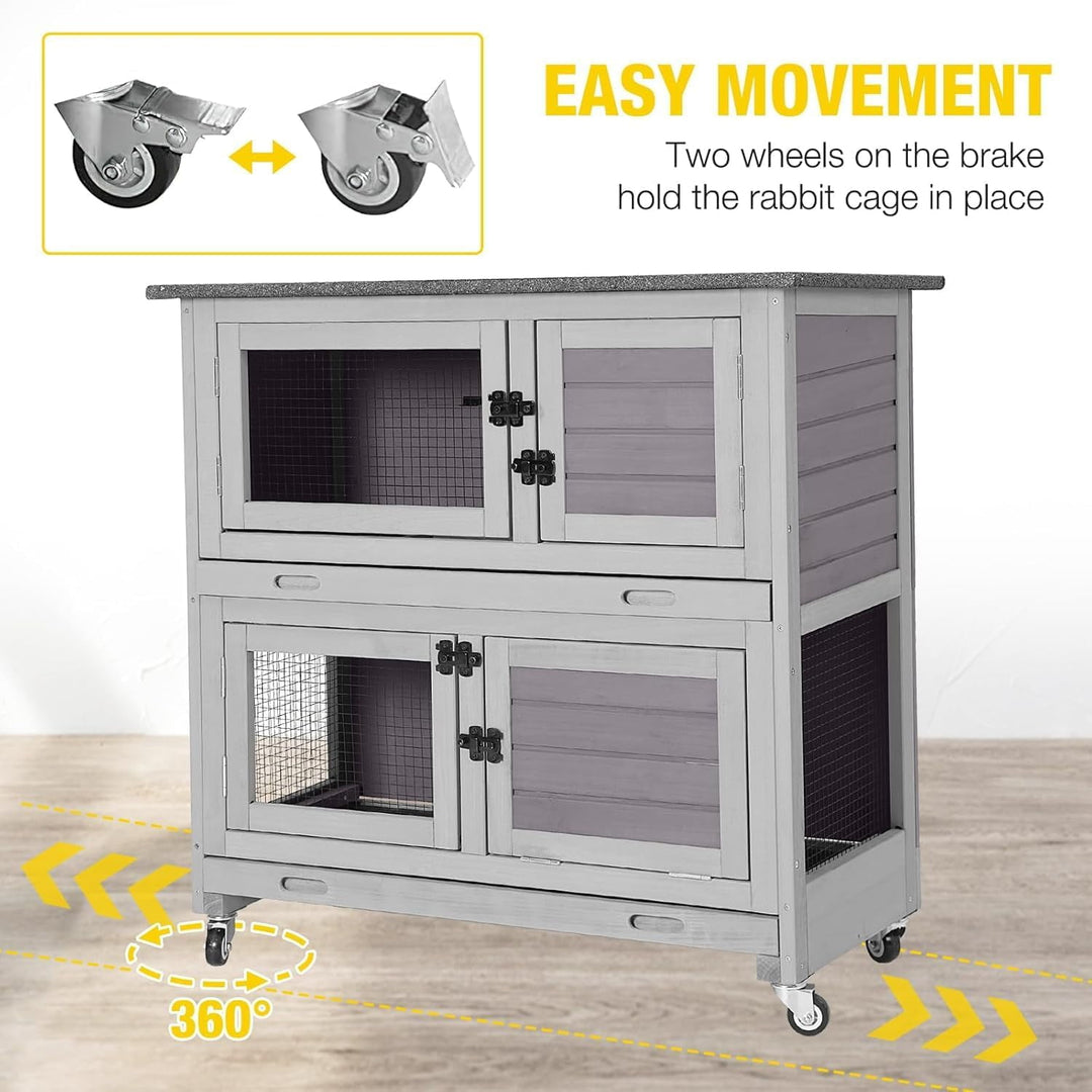 MEDEHOO 36" L Rabbit Hutch Indoor Bunny Cage Outdoor 2 Story Bunny Hutch with Weatheproof Roof Pull-Out Tray Ramp Large Guinea Pig Cage on Wheels