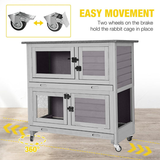 MEDEHOO 36" L Rabbit Hutch Indoor Bunny Cage Outdoor 2 Story Bunny Hutch with Weatheproof Roof Pull-Out Tray Ramp Large Guinea Pig Cage on Wheels