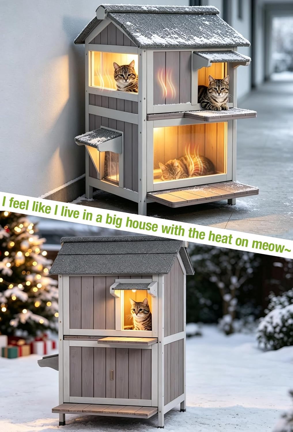 MEDEHOO Heated Outdoor Cat House for Outside Weatherproof Feral Cat Shelter for Winter with Heater and Insulated Liner Two Story
