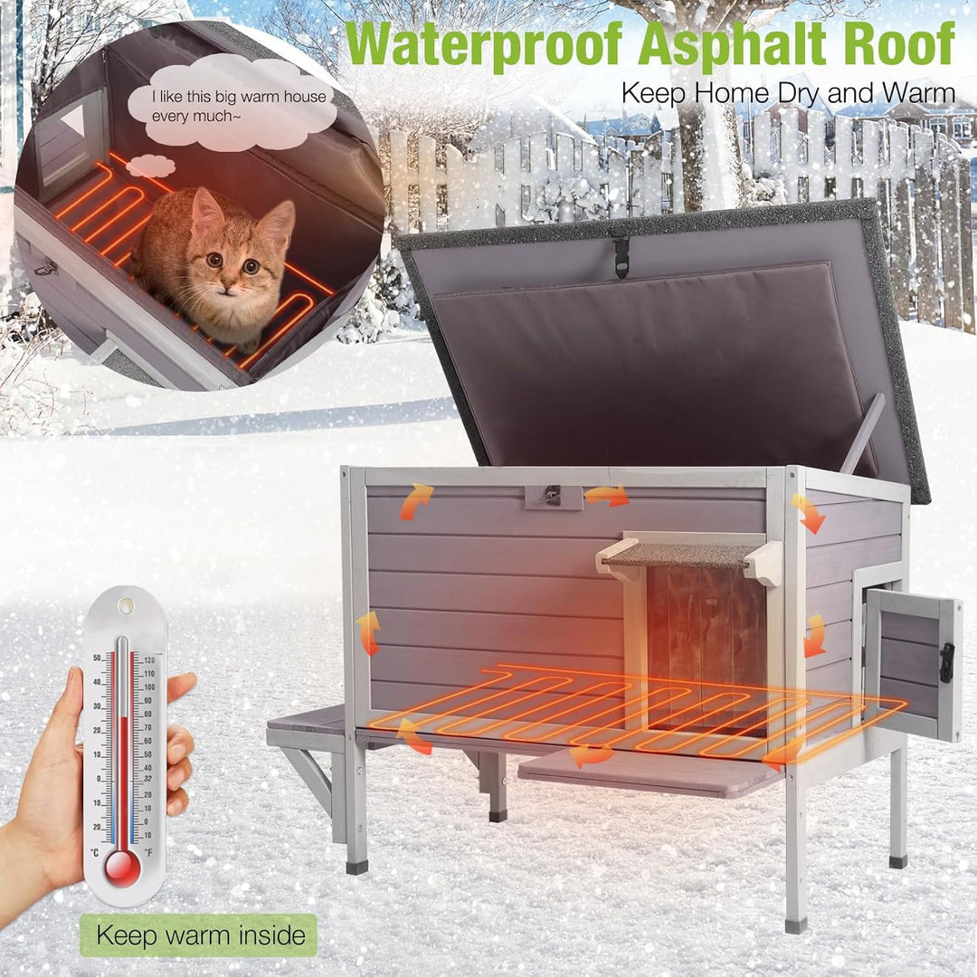 MEDEHOO Heated Cat House for Outside Insulated Outdoor Cat House Weatherproof Feral Cat Shelter with Cat Heated Pad, All-Round Thermal Liner, Secure Escape Doors for 1-3 Cats