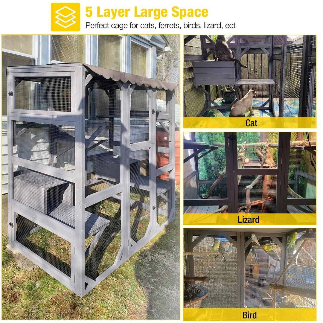 MEDEHOO Cat House Outdoor Catio Kitty Enclosure, Wooden Cat Cage Condo Indoor Playpen with Large Enter Door and Platforms for Kittens