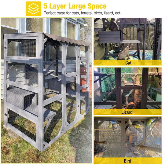 MEDEHOO Cat House Outdoor Catio Kitty Enclosure, Wooden Cat Cage Condo Indoor Playpen with Large Enter Door and Platforms for Kittens