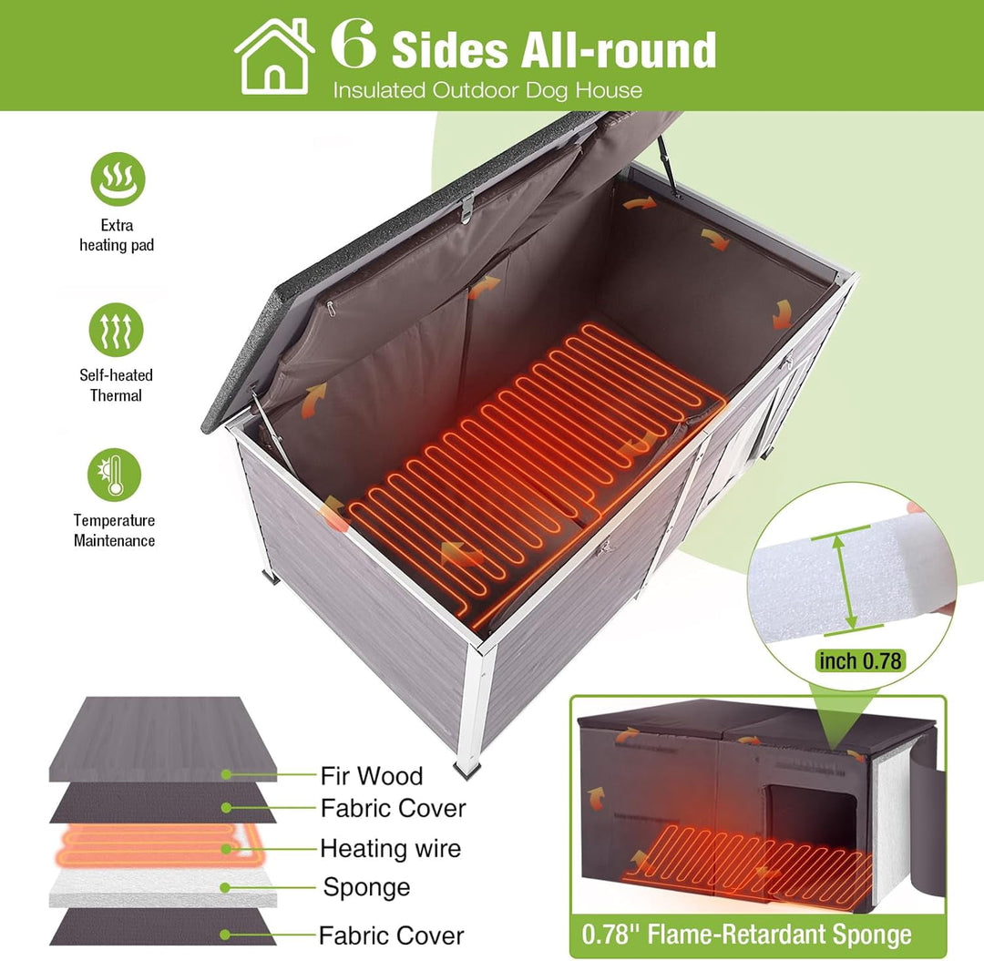 MEDEHOO 59" Extra Large Heated Dog House with Heater &amp; Insulated Liner for Winter, Wooden Insulated Outdoor Dog House for Large Dogs, All-Around Iron Frame Weatherproof (Gray) AIR64-HP-N-WM