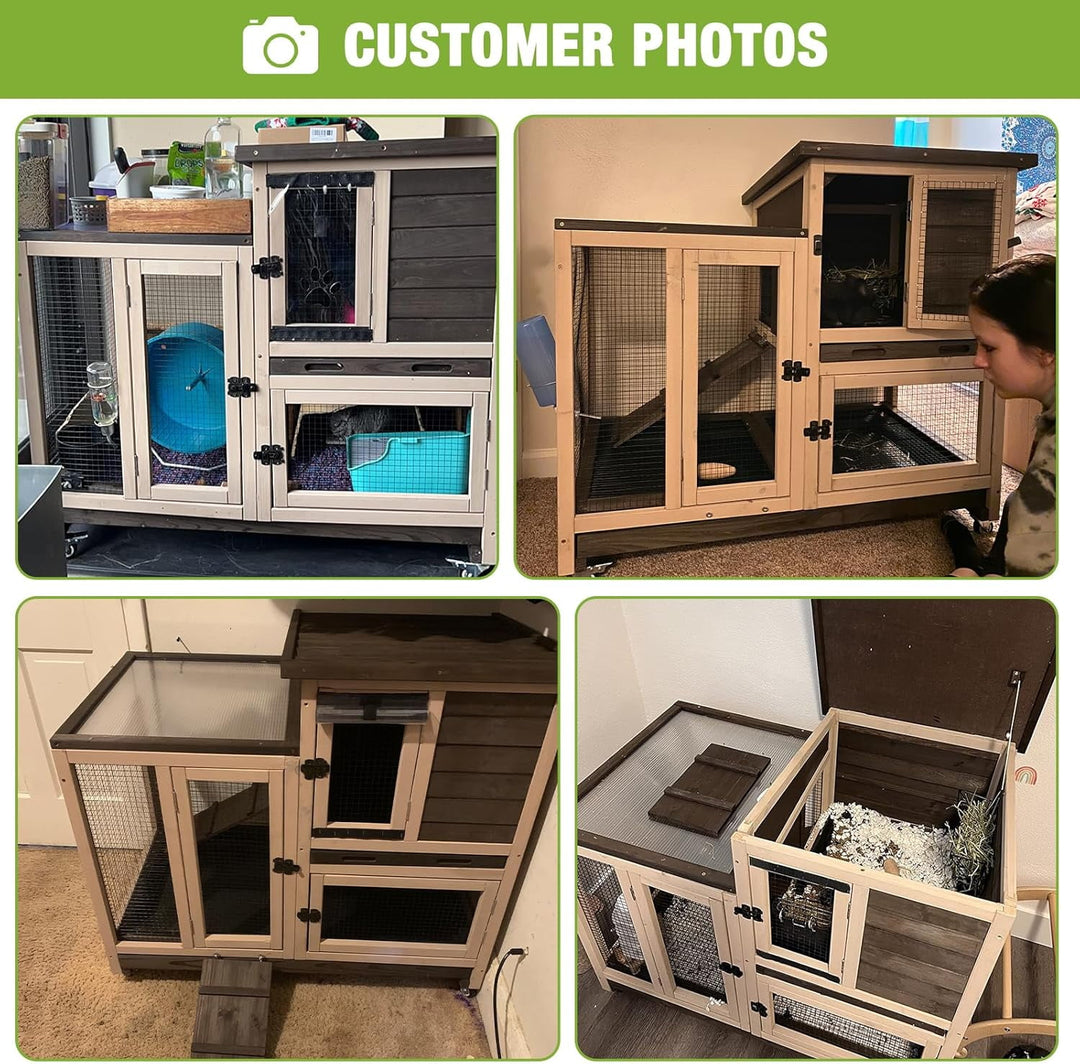 MEDEHOO Rabbit Hutch Wooden Rabbit Cage on Wheels 2 Story Guinea Pig Cage with Urine Guards,Pull Out Tray(Coffee Color) AIR35-00J