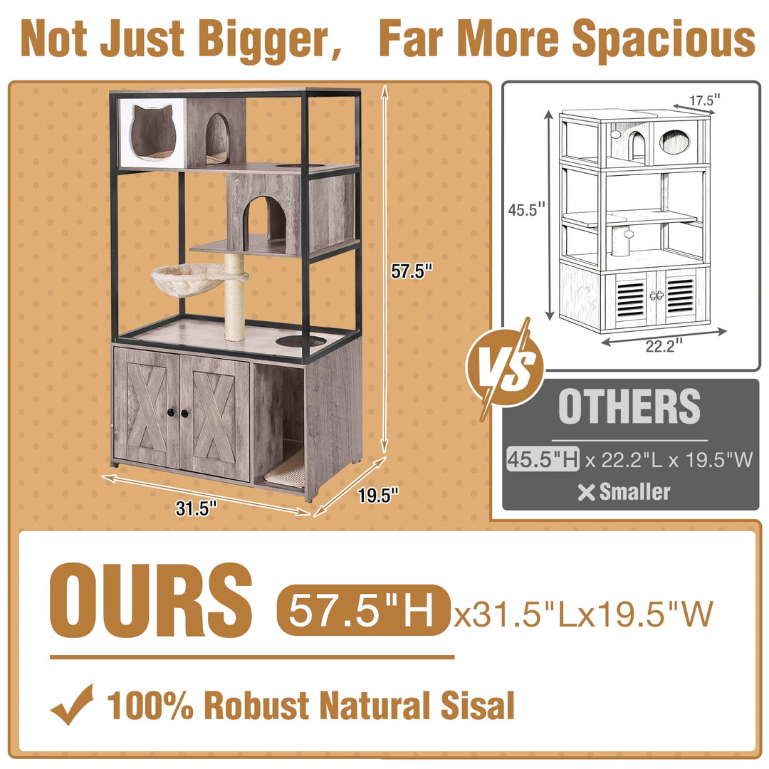 MEDEHOO Cat Litter Box Enclosure, Hidden Litter Box Furniture with Metal Frame, Wooden Kitty House with Barn Door, Wooden Cat Washroom Furniture, Fit Most of Litter Box (Grey) AIR102-I-A111-WM