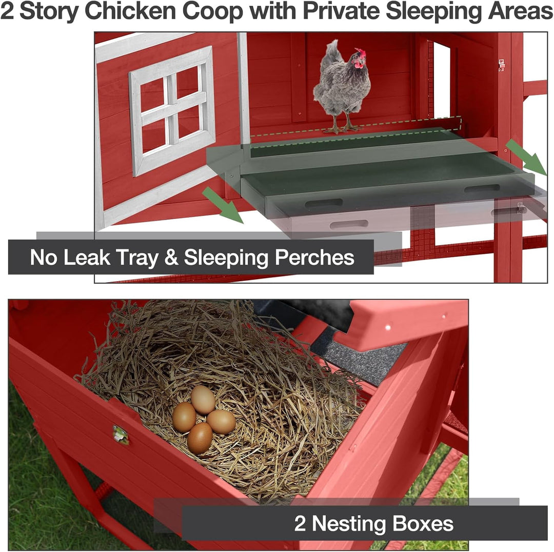 MEDEHOO Chicken Coop with Wheels, Outdoor Mobile Hen House with Leak-Proof Tray, UV-Resistant Roof &amp; Nesting Box for Chickens, Ducks, Rabbits (Red)