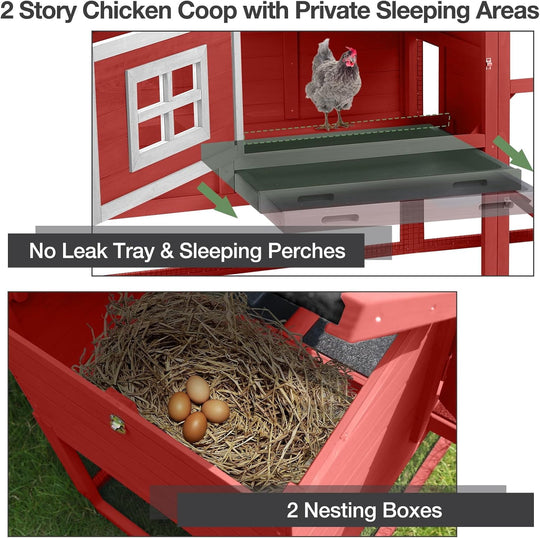 MEDEHOO Chicken Coop with Wheels, Outdoor Mobile Hen House with Leak-Proof Tray, UV-Resistant Roof &amp; Nesting Box for Chickens, Ducks, Rabbits (Red)