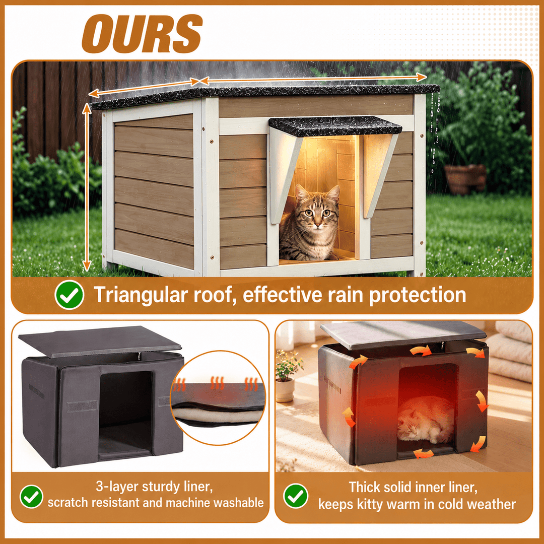 MEDEHOO Outdoor Cat House with Insulated Liner Escape Door Weatherproof Roof Feral Cat Shelter for Winter Outside Brown AIR12-B-IN-ML-WM