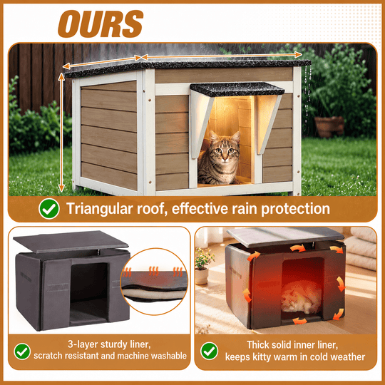 MEDEHOO Outdoor Cat House with Insulated Liner Escape Door Weatherproof Roof Feral Cat Shelter for Winter Outside Brown AIR12-B-IN-ML-WM