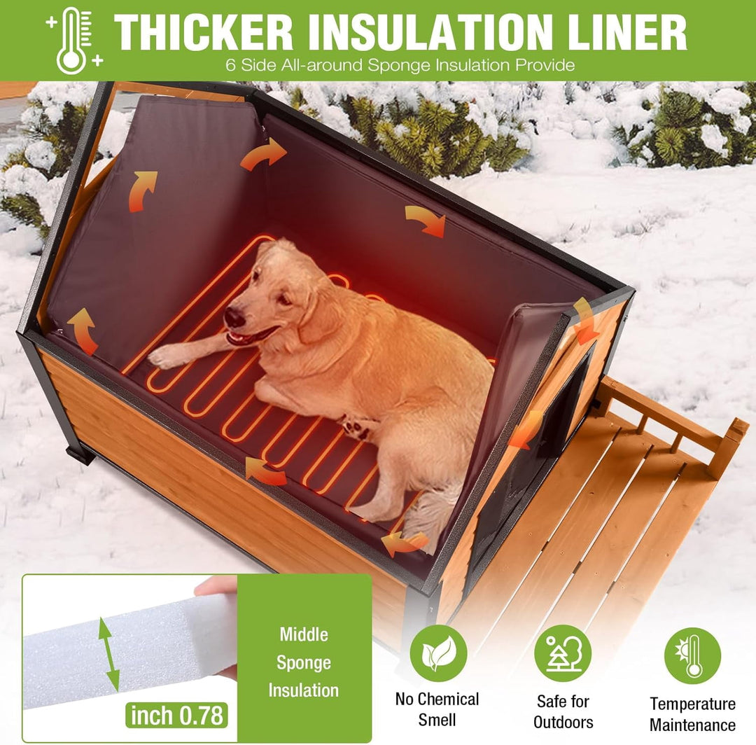 MEDEHOO Outdoor Heated Dog House Anti-Bite Weatherproof Dog Kennel Puppy Shelter Indoor with Heating Pad, All-Around Insulated Liner and Porch for Large Breed, 45" D x 32.9" W x 32.6" H (Brown) AIR80-IN-HP-MA-WM