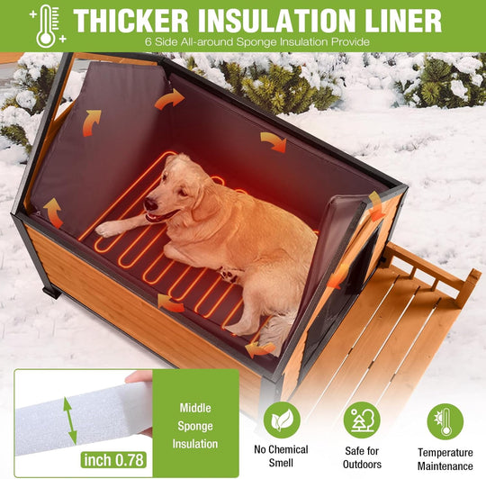 MEDEHOO Outdoor Heated Dog House Anti-Bite Weatherproof Dog Kennel Puppy Shelter Indoor with Heating Pad, All-Around Insulated Liner and Porch for Large Breed, 45" D x 32.9" W x 32.6" H (Brown) AIR80-IN-HP-MA-WM